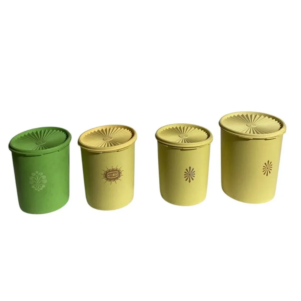 4 Vintage Tupperware Servalier‎ Canisters 3 Yellow  1 Green with Lids Nesting